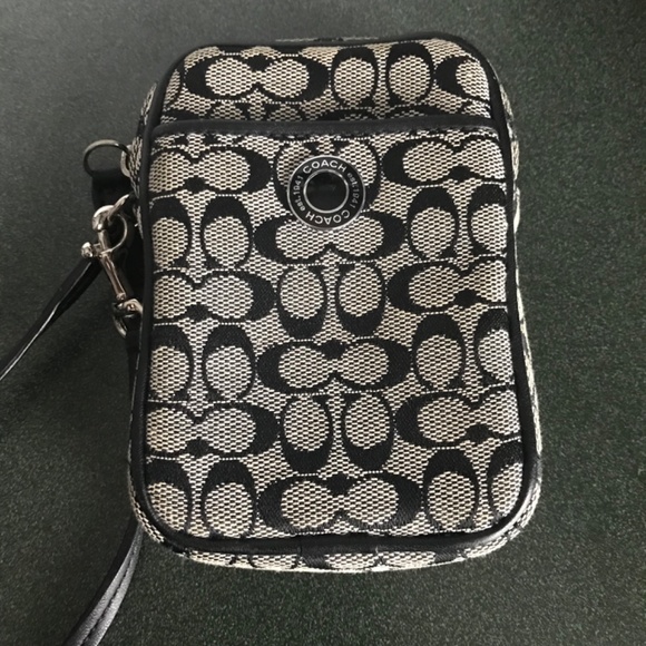 Coach Black/Gray Signature C Canvas Leather Wristlet Mini Pouch - Picture 12 of 16